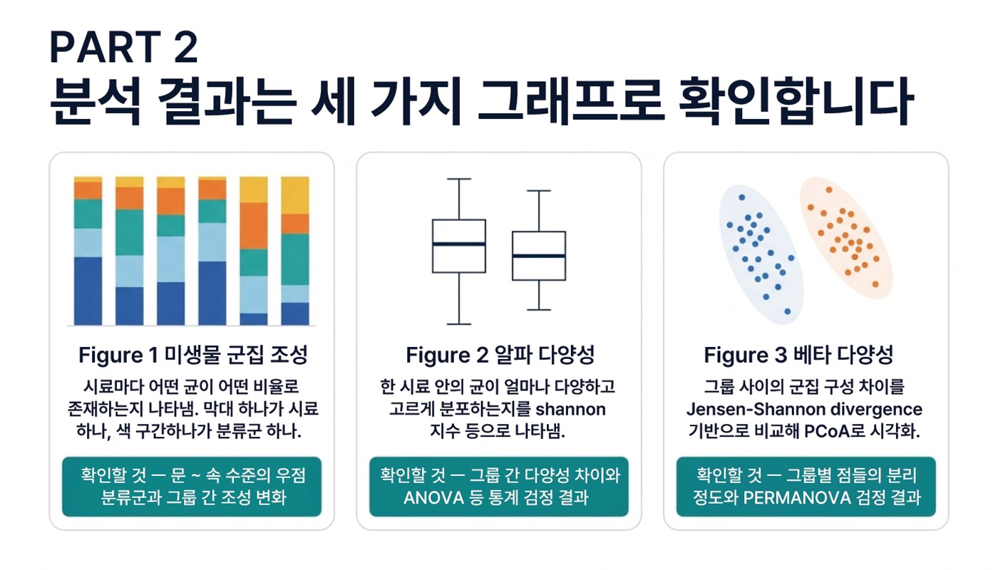 PART 2. 분석 결과는 세 가지 그래프로 확인합니다 — 미생물 군집 조성, 알파 다양성, 베타 다양성